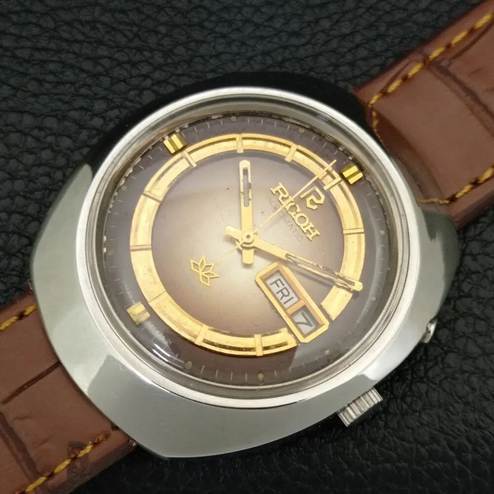 Vintage 1975 Ricoh Automatic Mens Silver Watch W/daydate & Gold accents